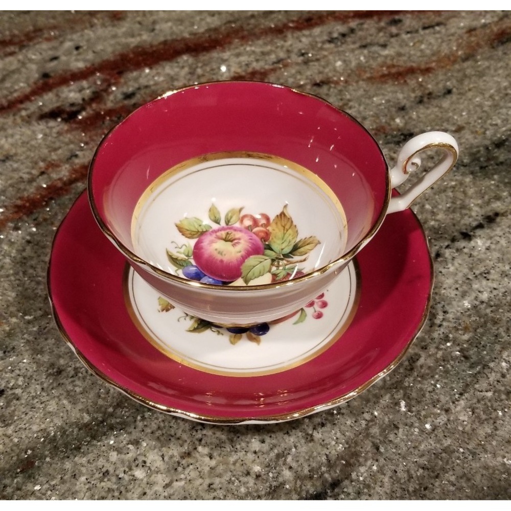 Vintage Windsor Bone China Cup and Saucer With Fruits Deep Pink England